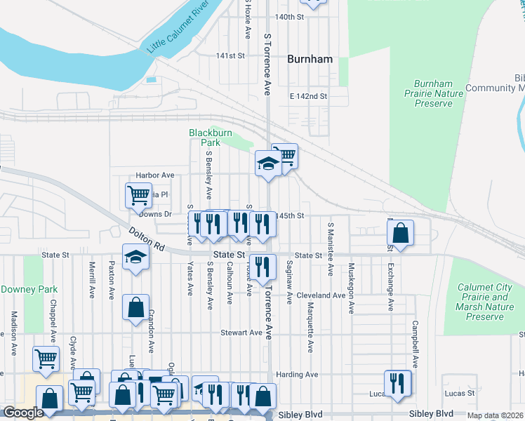 map of restaurants, bars, coffee shops, grocery stores, and more near 14436 South Torrence Avenue in Burnham