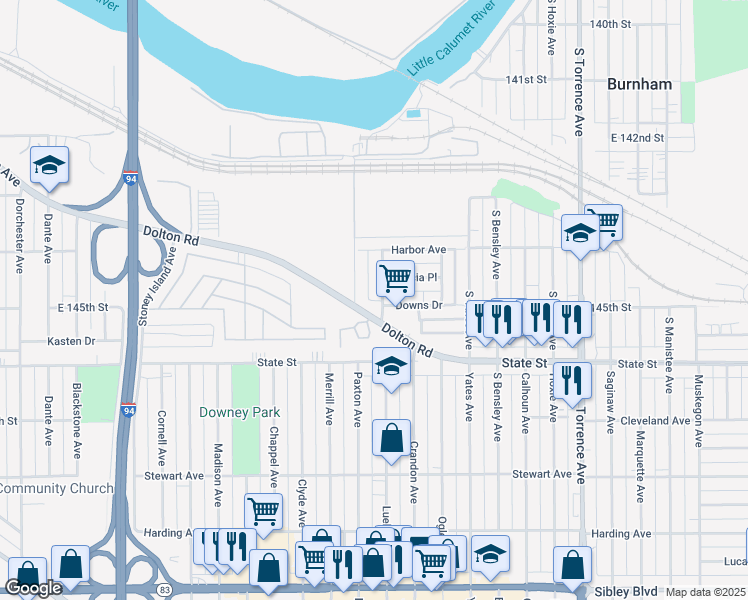 map of restaurants, bars, coffee shops, grocery stores, and more near 91 Paxton Avenue in Calumet City