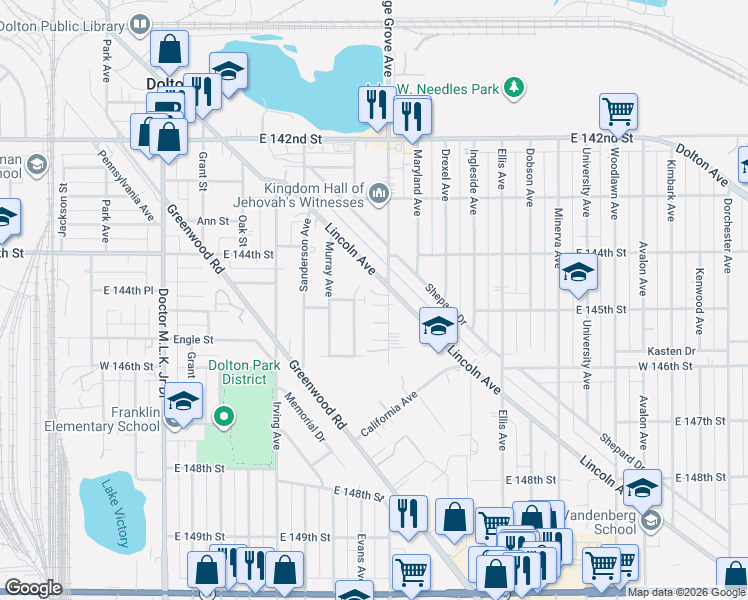 map of restaurants, bars, coffee shops, grocery stores, and more near 14430 Lincoln Avenue in Dolton