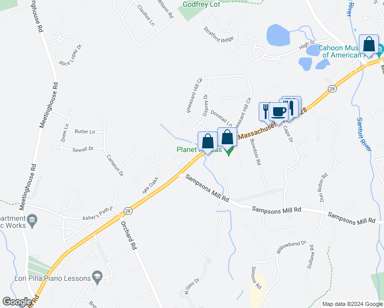 map of restaurants, bars, coffee shops, grocery stores, and more near 149 Falmouth Road in Mashpee