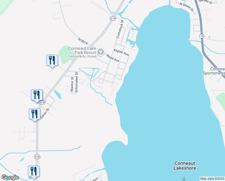 map of restaurants, bars, coffee shops, grocery stores, and more near 10736 Center Street West in Conneaut Lake