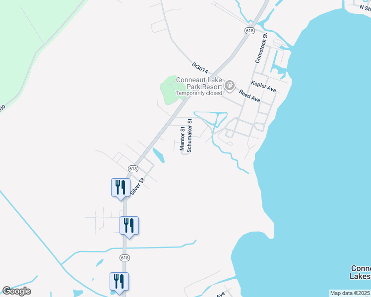 map of restaurants, bars, coffee shops, grocery stores, and more near 12193 Schumaker Street in Conneaut Lake