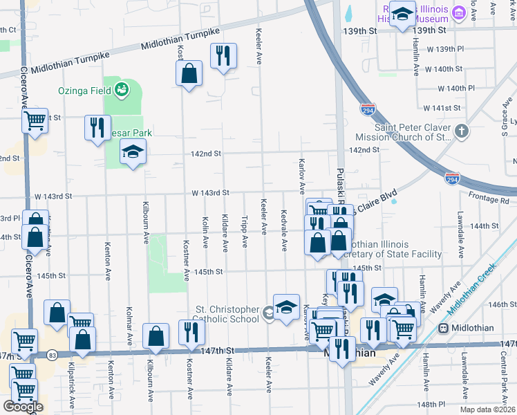 map of restaurants, bars, coffee shops, grocery stores, and more near 14304 Keeler Avenue in Midlothian