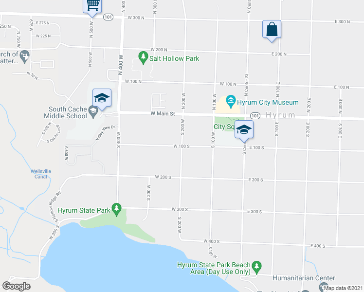 map of restaurants, bars, coffee shops, grocery stores, and more near 198 West 100 South in Hyrum