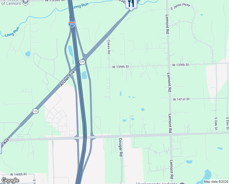 map of restaurants, bars, coffee shops, grocery stores, and more near 13961 Cokes Road in Homer Glen