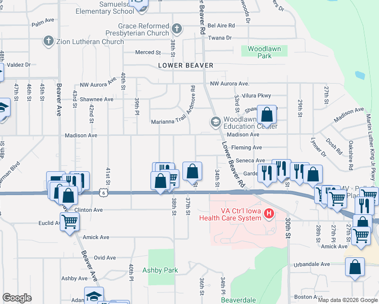 map of restaurants, bars, coffee shops, grocery stores, and more near 3936 36th Street in Des Moines