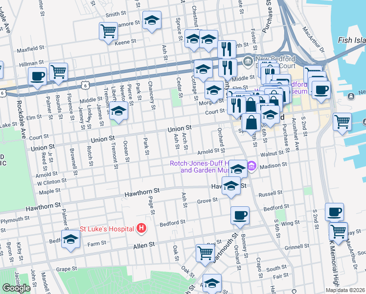 map of restaurants, bars, coffee shops, grocery stores, and more near 186 Ash Street in New Bedford