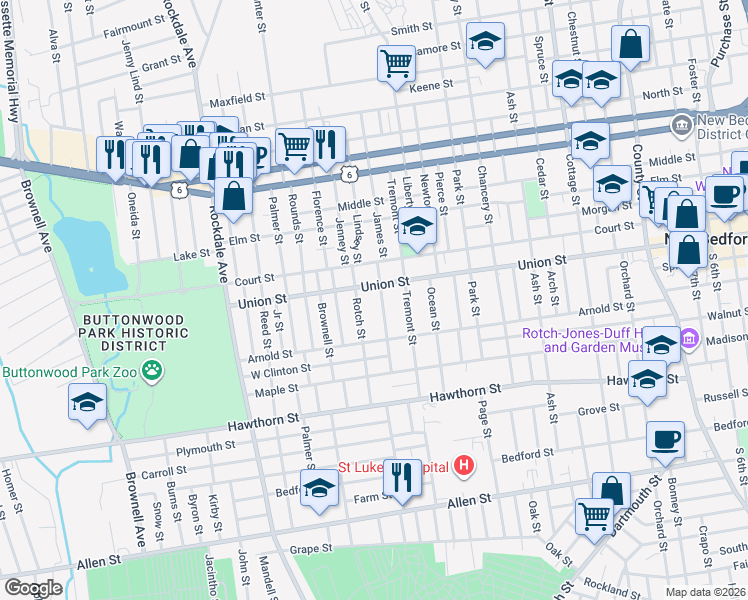 map of restaurants, bars, coffee shops, grocery stores, and more near 568 Union Street in New Bedford