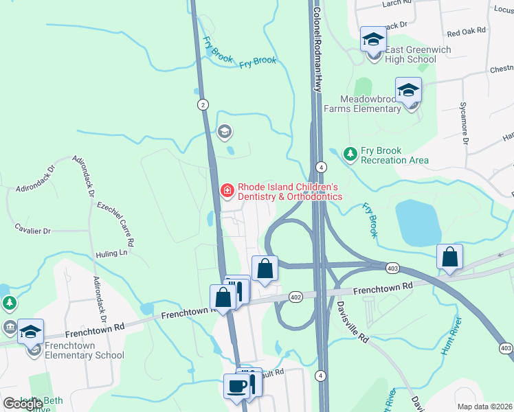map of restaurants, bars, coffee shops, grocery stores, and more near 55 Lakeshore Drive in East Greenwich