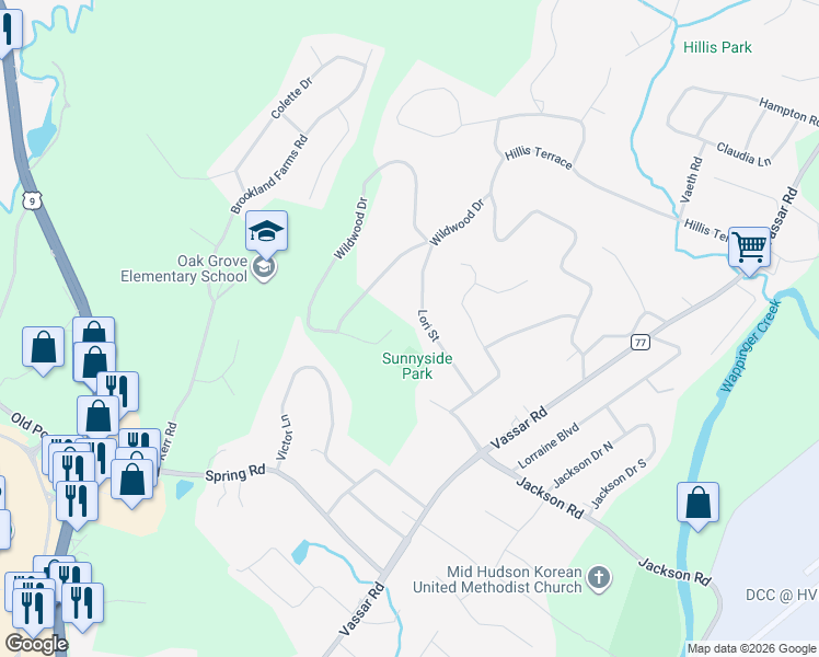 map of restaurants, bars, coffee shops, grocery stores, and more near 25 Lori Street in Poughkeepsie