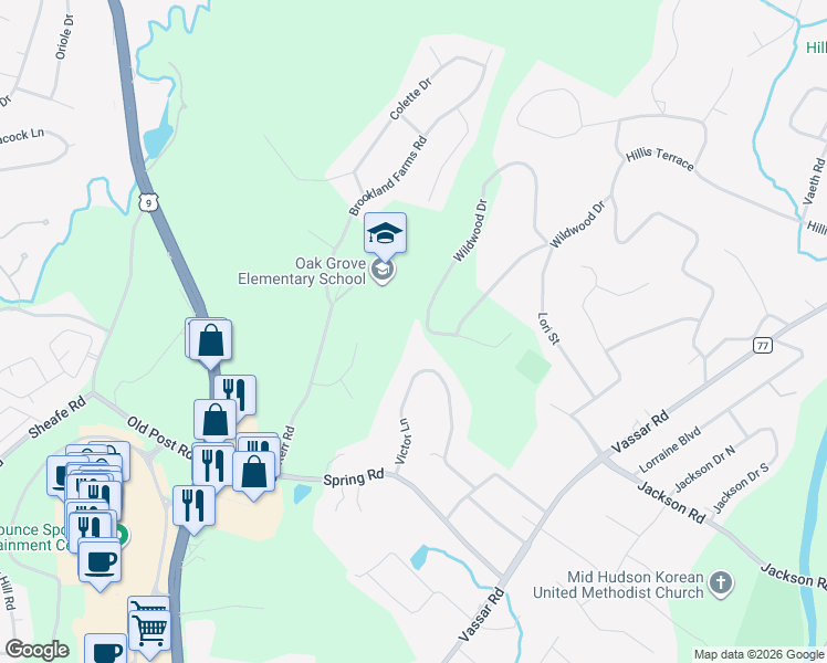 map of restaurants, bars, coffee shops, grocery stores, and more near 25 Wildwood Drive in Poughkeepsie