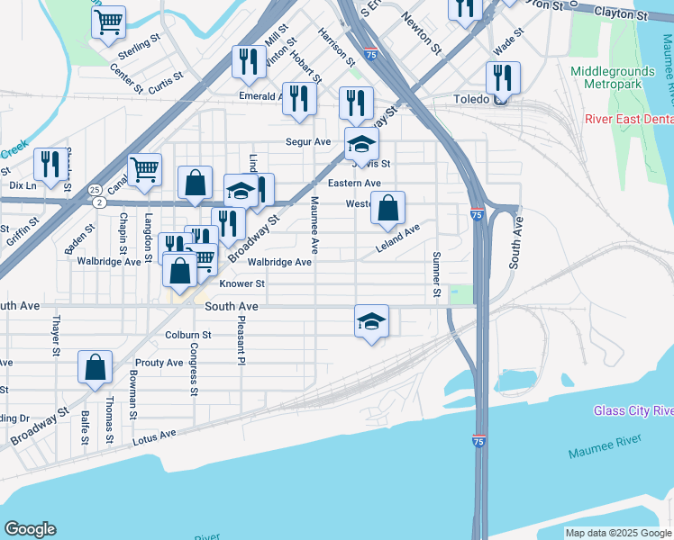 map of restaurants, bars, coffee shops, grocery stores, and more near 404 Walbridge Avenue in Toledo