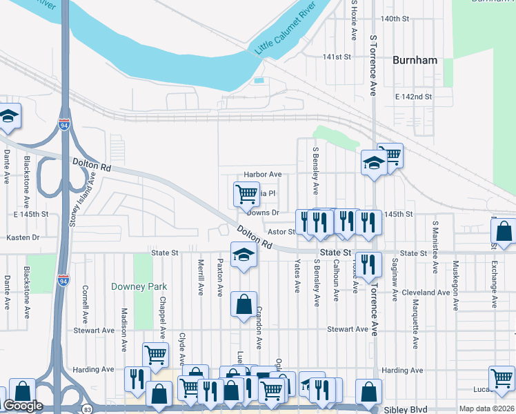 map of restaurants, bars, coffee shops, grocery stores, and more near 1673 Patricia Place in Calumet City