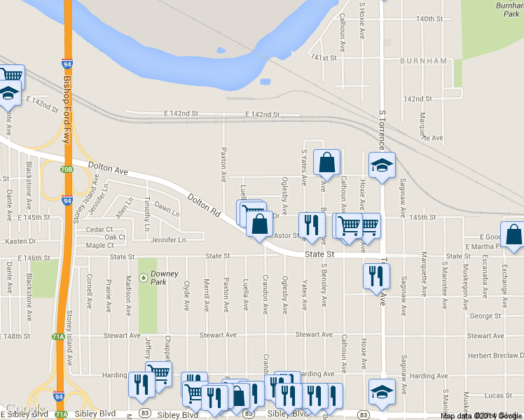 map of restaurants, bars, coffee shops, grocery stores, and more near 1673 Patricia Place in Calumet City