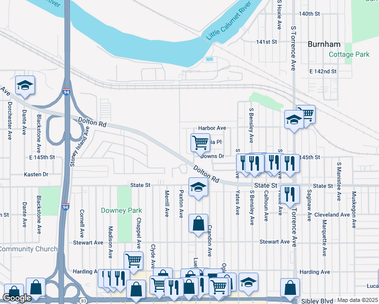 map of restaurants, bars, coffee shops, grocery stores, and more near 91 Paxton Avenue in Calumet City