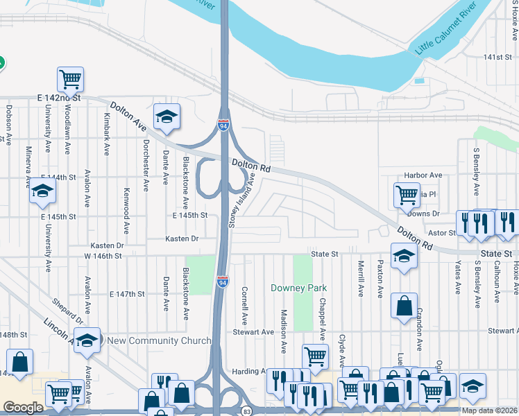 map of restaurants, bars, coffee shops, grocery stores, and more near 56 Dawn Lane in Calumet City