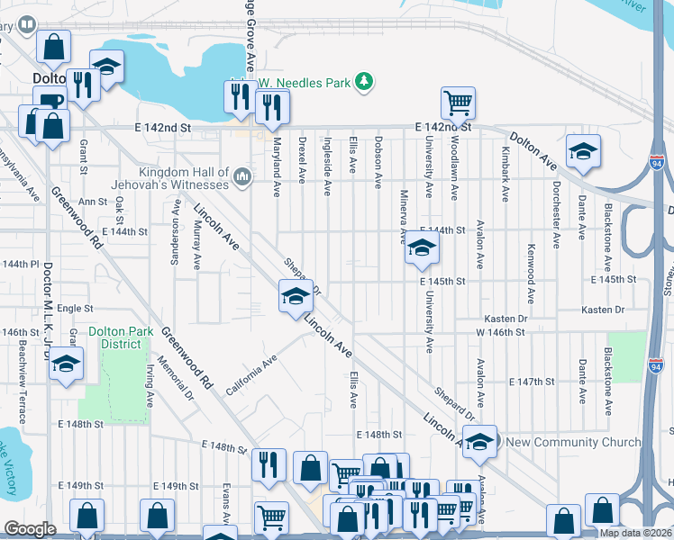map of restaurants, bars, coffee shops, grocery stores, and more near 14427 Ingleside Avenue in Dolton