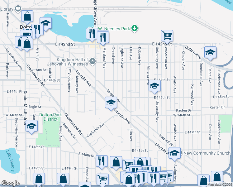 map of restaurants, bars, coffee shops, grocery stores, and more near 14424 Drexel Avenue in Dolton