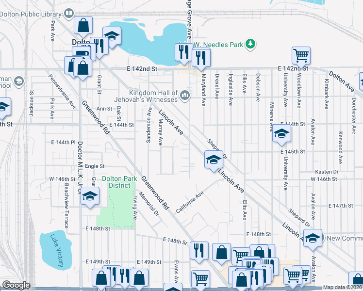 map of restaurants, bars, coffee shops, grocery stores, and more near 14430 Lincoln Avenue in Dolton