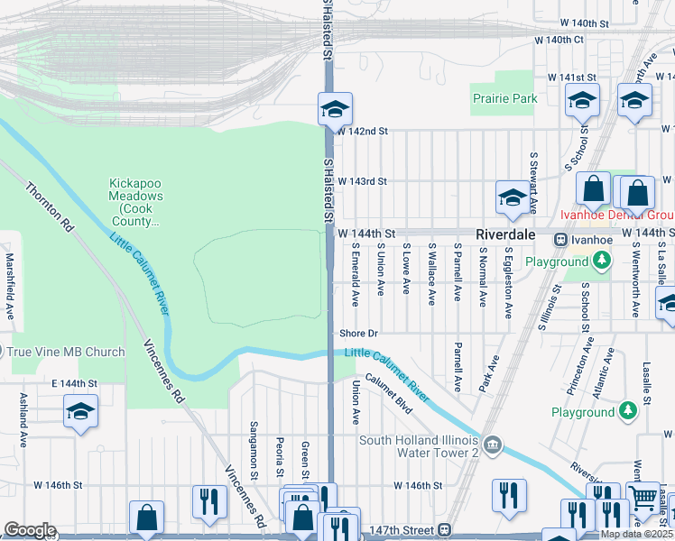 map of restaurants, bars, coffee shops, grocery stores, and more near 14422 South Emerald Avenue in Chicago