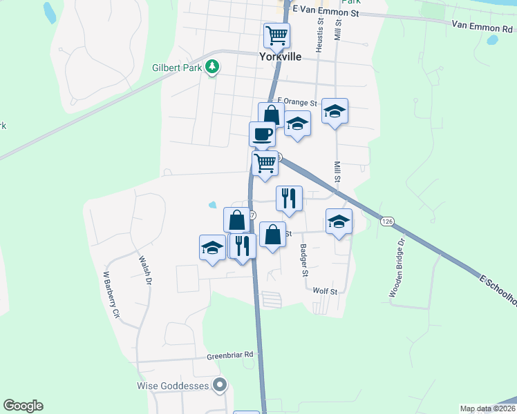 map of restaurants, bars, coffee shops, grocery stores, and more near 101 Colonial Parkway in Yorkville
