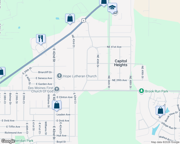 map of restaurants, bars, coffee shops, grocery stores, and more near 3960 Northeast 45th Drive in Des Moines