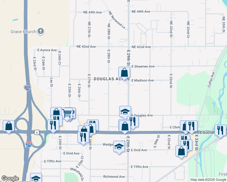 map of restaurants, bars, coffee shops, grocery stores, and more near 3923 East 28th Street in Des Moines