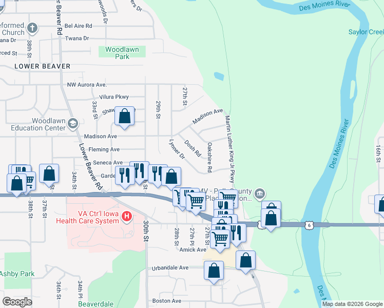 map of restaurants, bars, coffee shops, grocery stores, and more near 3914 Dosh Road in Des Moines