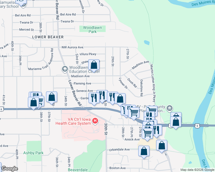 map of restaurants, bars, coffee shops, grocery stores, and more near 3921 30th Street in Des Moines