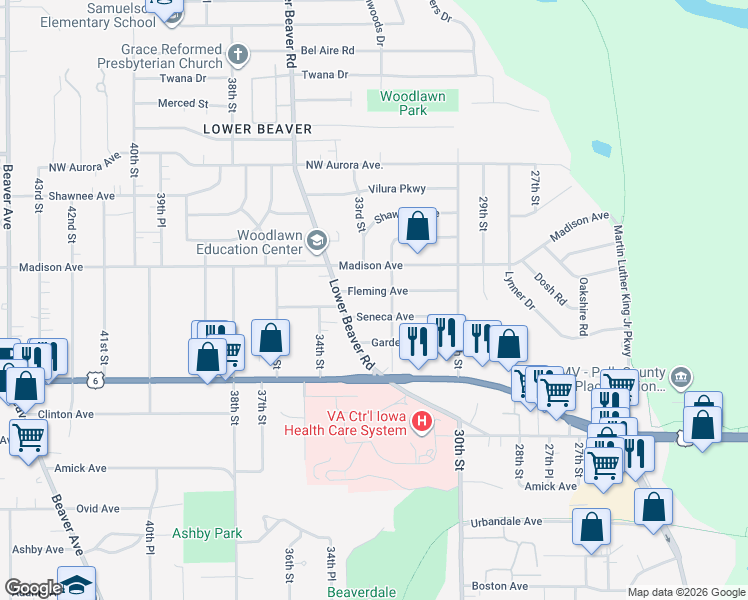 map of restaurants, bars, coffee shops, grocery stores, and more near 3301 Fleming Avenue in Des Moines