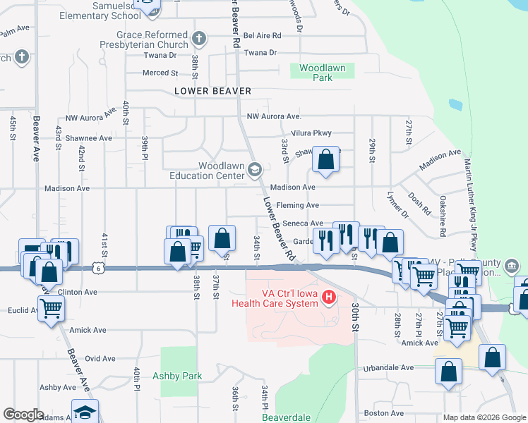 map of restaurants, bars, coffee shops, grocery stores, and more near 3912 Lower Beaver Road in Des Moines