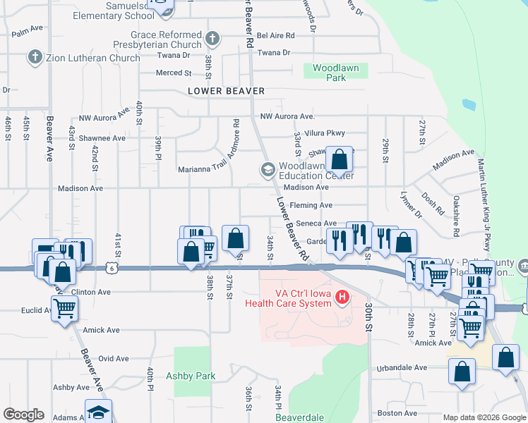 map of restaurants, bars, coffee shops, grocery stores, and more near 3912 Lower Beaver Road in Des Moines