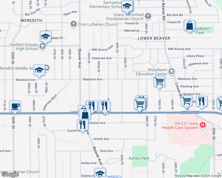map of restaurants, bars, coffee shops, grocery stores, and more near 3933 41st Street in Des Moines