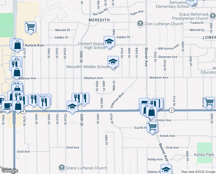 map of restaurants, bars, coffee shops, grocery stores, and more near 3925 48th Place in Des Moines