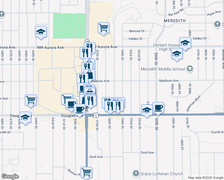 map of restaurants, bars, coffee shops, grocery stores, and more near 3941 56th Street in Des Moines