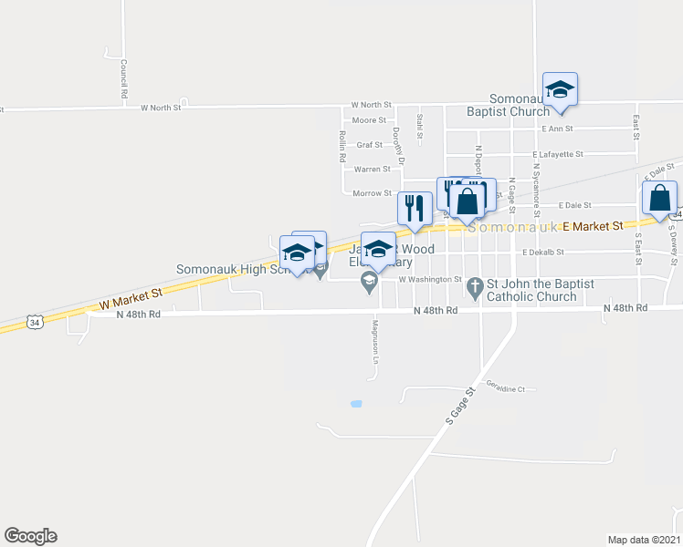 map of restaurants, bars, coffee shops, grocery stores, and more near 460 West Washington Street in Somonauk