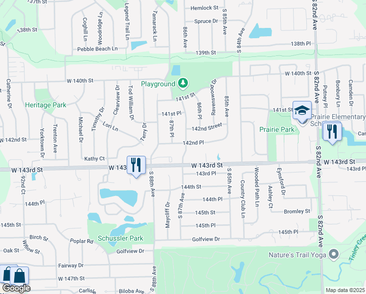 map of restaurants, bars, coffee shops, grocery stores, and more near 8703 142nd Place in Orland Park