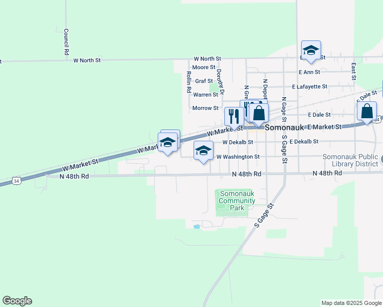map of restaurants, bars, coffee shops, grocery stores, and more near 460 West Washington Street in Somonauk
