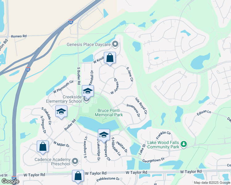 map of restaurants, bars, coffee shops, grocery stores, and more near 21801 West Juneau Drive in Plainfield