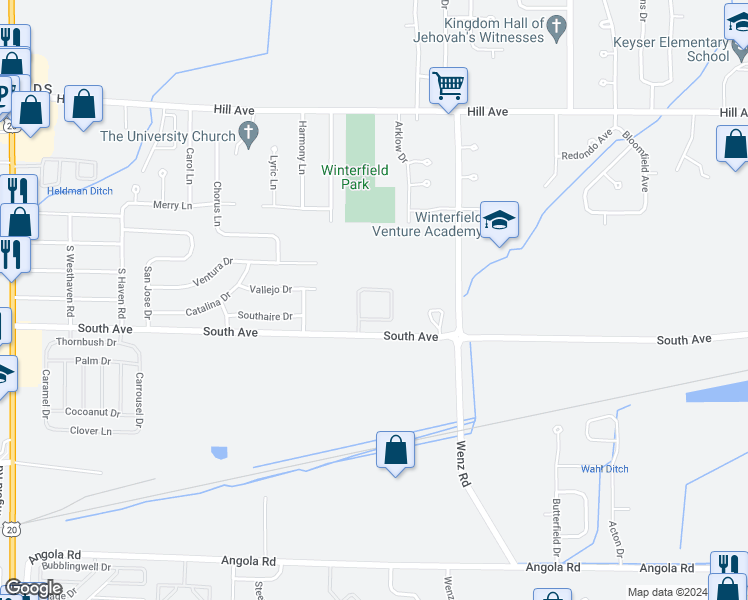 map of restaurants, bars, coffee shops, grocery stores, and more near 401 Southgate Circle Drive in Toledo