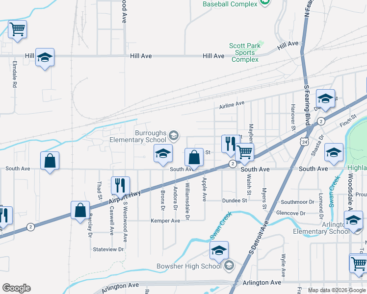 map of restaurants, bars, coffee shops, grocery stores, and more near 409 Bender Drive in Toledo