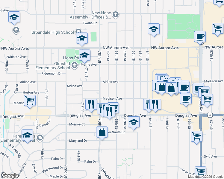 map of restaurants, bars, coffee shops, grocery stores, and more near 3919 69th Street in Urbandale