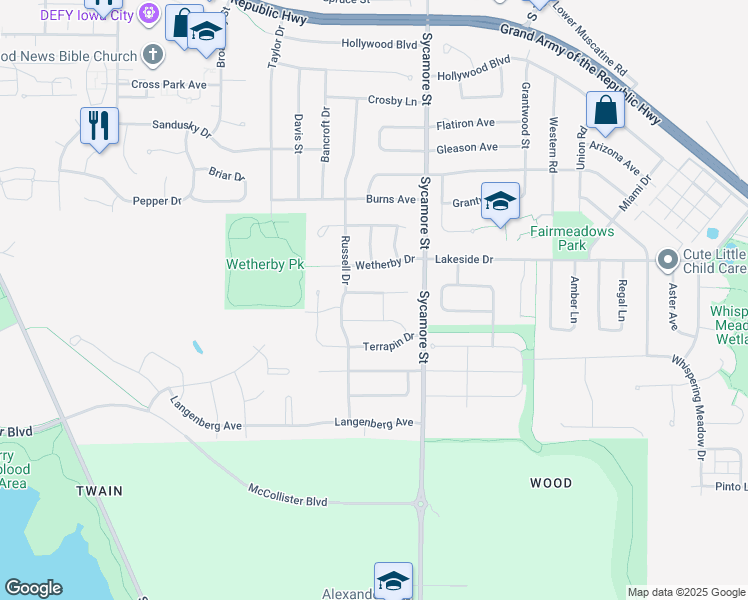 map of restaurants, bars, coffee shops, grocery stores, and more near 1600 Ashlynd Court in Iowa City