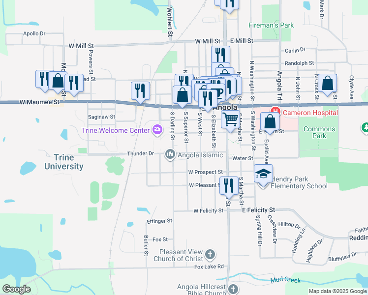 map of restaurants, bars, coffee shops, grocery stores, and more near 315 South Darling Street in Angola