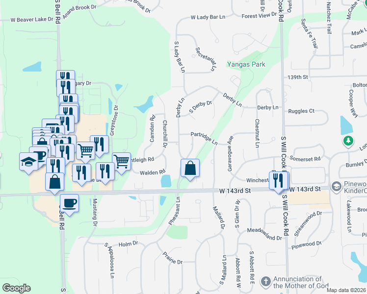 map of restaurants, bars, coffee shops, grocery stores, and more near 12354 Derby Lane in Orland Park