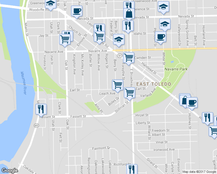 map of restaurants, bars, coffee shops, grocery stores, and more near 961 Rogers Street in Toledo