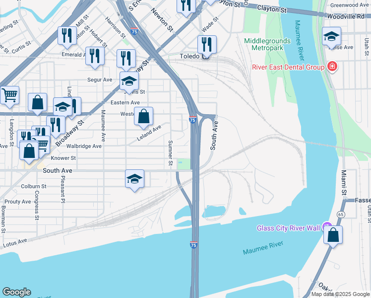 map of restaurants, bars, coffee shops, grocery stores, and more near 53 Walbridge Avenue in Toledo