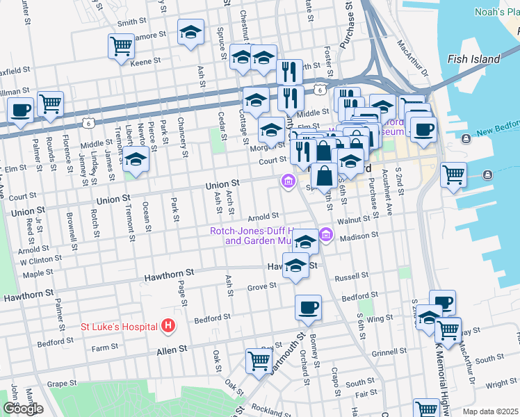 map of restaurants, bars, coffee shops, grocery stores, and more near 16 Arnold Place in New Bedford