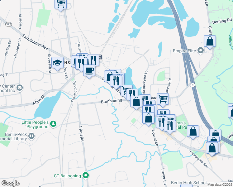 map of restaurants, bars, coffee shops, grocery stores, and more near 977 Farmington Avenue in Berlin