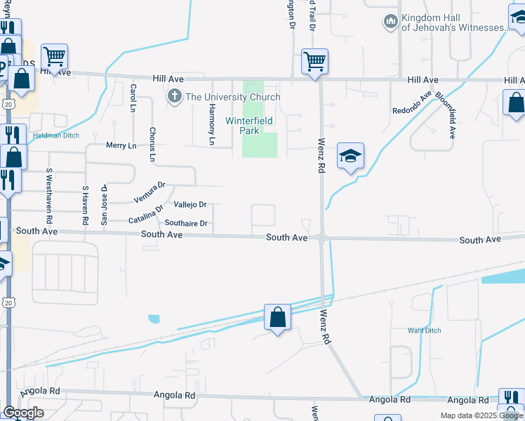map of restaurants, bars, coffee shops, grocery stores, and more near 401 Southgate Circle Drive in Toledo